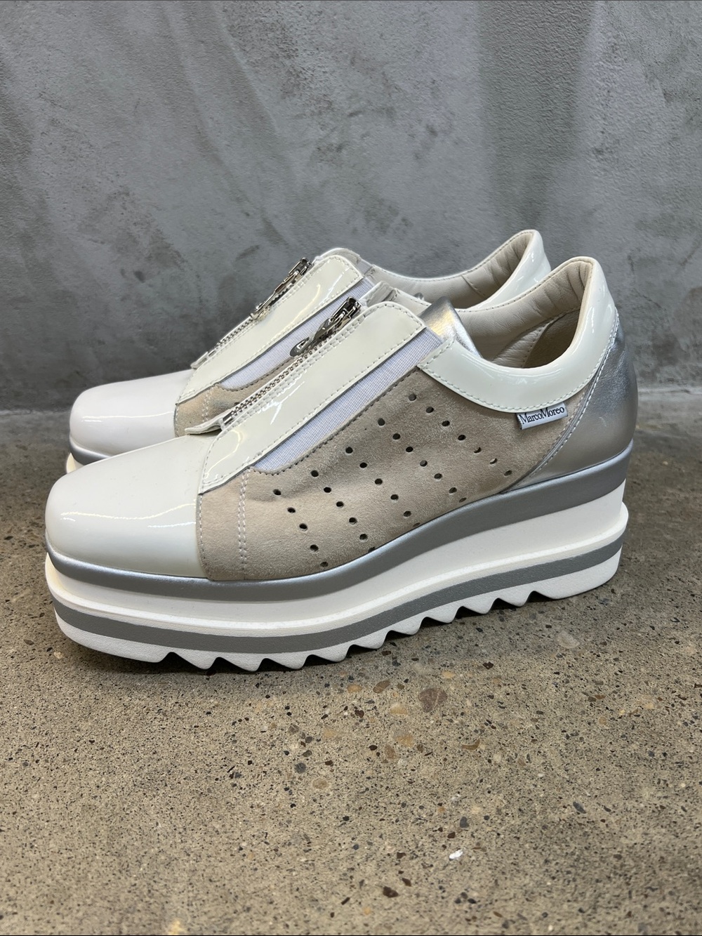 Marco Moreo White, Beige & Silver Zip-Front Platform Sneakers